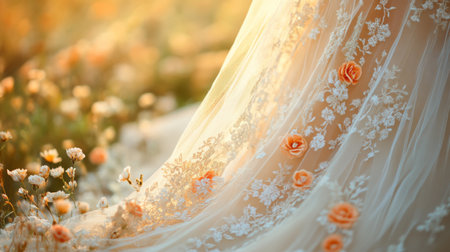 Delicate floral lace gown captured in a vibrant field during golden hour, revealing natural beauty and elegance Generative AIの素材