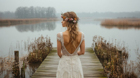 Bridal figure stands on a wooden dock overlooking misty lake at dawn with floral crown enhancing graceful beauty Generative AIの素材