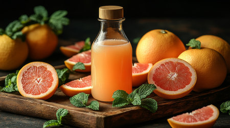Freshly squeezed citrus juice with oranges and mint on a wooden tray in a dimly lit setting. Generative AIの素材