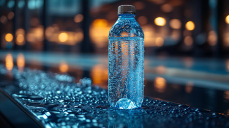 Water bottle on wet surface with reflections and soft lighting in a modern environment during evening hours. Generative AIの素材