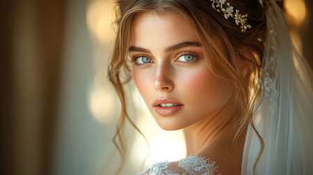 Beautiful bride with captivating eyes and elegant hair adorned with a delicate accessory in soft natural light Generative AIの素材