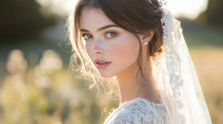 Beautiful bride with soft features looking over shoulder in natural lighting at outdoor wedding venue near sunset Generative AIの素材
