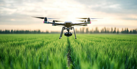 Drone monitoring green fields in modern agriculture at sunset. Generative AIの素材