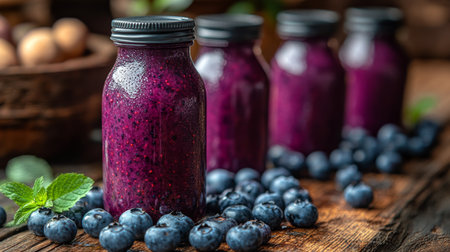 Freshly made blueberry smoothie bottled and displayed on rustic wooden table with blueberries and mint accents. Generative AIの素材