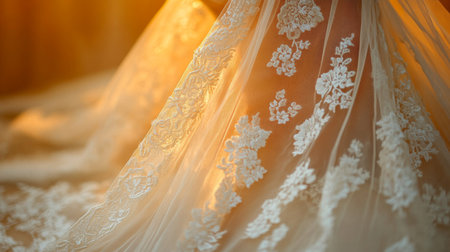 Elegant bridal gown with intricate lace details and warm backlighting showcasing beautiful textures in a serene setting Generative AIの素材