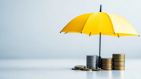 Protecting savings with a yellow umbrella over stacked coins. Generative AIの素材