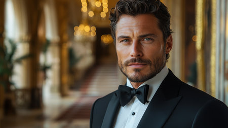 Elegant man in formal attire poses confidently in a luxurious hall with decorative lighting and intricate details surrounding him Generative AIの素材