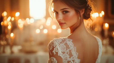 Stunning bridal portrait capturing a bride looking over her shoulder amidst glowing candlelight in an elegant setting Generative AIの素材