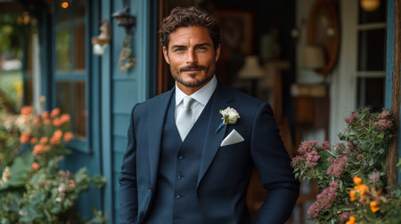 Handsome man in a formal suit standing outside a charming house adorned with flowers in the afternoon light Generative AIの素材