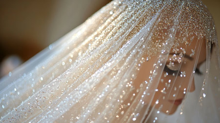 Bride adorned in sparkling veil during intimate wedding ceremony at elegant venue illuminated by soft lights Generative AIの素材