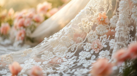 Delicate lace drapes among blooming roses during sunset in a serene garden Generative AIの素材