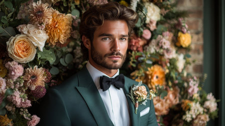 Elegant man in a tuxedo standing against a vibrant floral backdrop during a stylish event in a refined setting Generative AIの素材