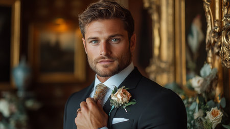 Handsome man in formal attire posing elegantly inside a luxurious interior decorated with flowers and antique decor Generative AIの素材