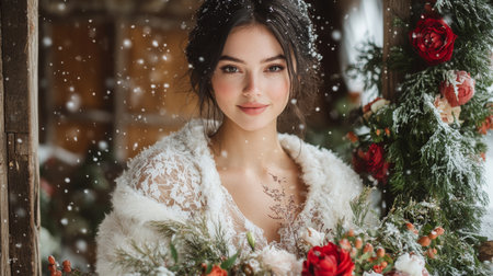 Winter beauty portrait featuring a woman with seasonal flowers and snowflakes in a cozy atmosphere Generative AIの素材
