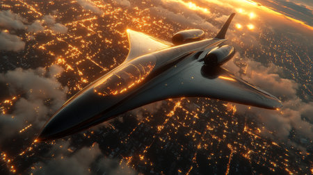 Innovative Hypersonic Spaceplane Executes an Airlaunch Operation Over Illuminated Urban Landscape at Dusk Generative AIの素材