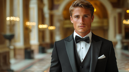 Elegant man in tuxedo standing confidently in luxurious hall with ornate decor and soft lighting during evening event Generative AIの素材