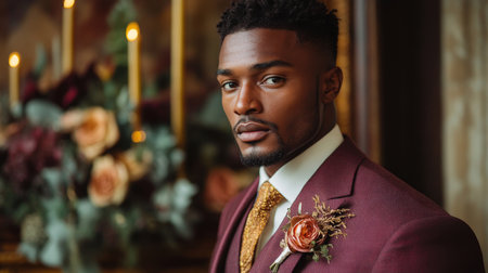 Elegant man in formal attire poses in a luxurious setting with floral arrangements and candles during evening event Generative AIの素材