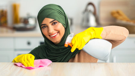 Young woman cleaning her home with a smile and yellow gloves in bright kitchenの写真素材