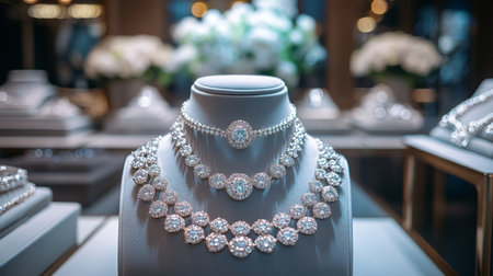 Elegant display of exquisite jewelry showcasing sparkling necklaces in a luxurious boutique setting with floral arrangements Generative AIの素材