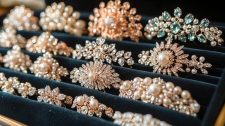 Elegant collection of vintage jewelry displayed on velvet, showcasing intricate designs and sparkling gems during daylight Generative AIの素材