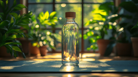 Glass water bottle stands on a blue mat surrounded by lush green plants in a sunlit room. Generative AIの素材