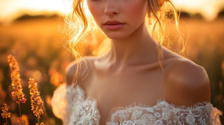 Sunlit portrait of a bride in a field during golden hour capturing the essence of romance and beauty in nature Generative AIの素材