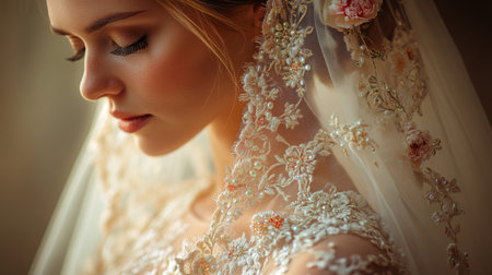 Beautiful bride adorned in intricate lace and floral veil during a serene moment before the ceremony Generative AIの素材