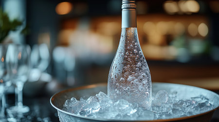 Sparkling wine rests in a bucket filled with ice and water at an elegant gathering in a modern venue. Generative AIの素材