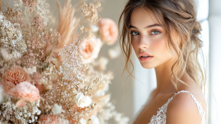 Portrait of a woman with delicate features against a backdrop of soft pastel floral arrangements and natural light Generative AIの素材