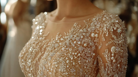 Elegant wedding dress adorned with intricate beadwork and delicate lace at a bridal salon in a soft, warm light Generative AIの素材