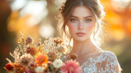 Elegant bride with flowers in an autumn landscape during golden hour light Generative AIの素材