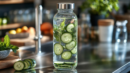 Refreshing cucumber mint infused water in a glass container on a kitchen counter filled with fresh ingredients. Generative AIの素材