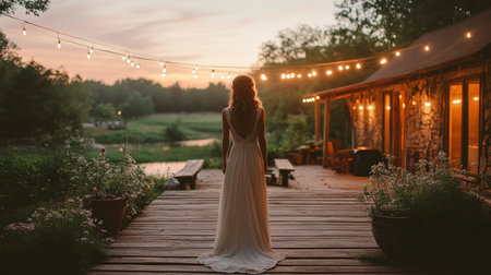 Bridal silhouette against a sunset with string lights illuminating a serene outdoor venue Generative AIの素材