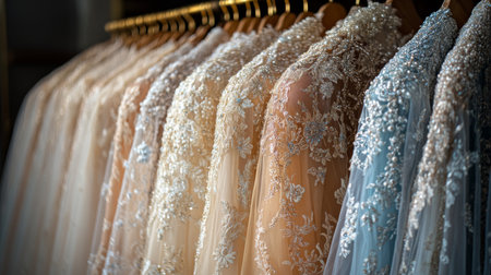 Elegant bridal dresses displayed in a boutique showcasing various designs and colors for wedding preparations Generative AIの素材