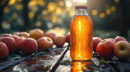 Freshly pressed apple juice in a glass bottle surrounded by apples on a wooden table during golden hour. Generative AIの素材