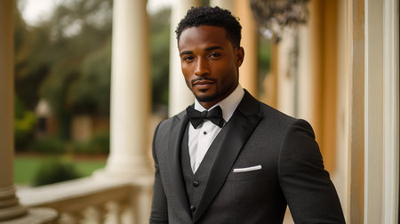 Elegant man in formal attire poses confidently outside a grand building during daylight in a serene garden setting Generative AIの素材