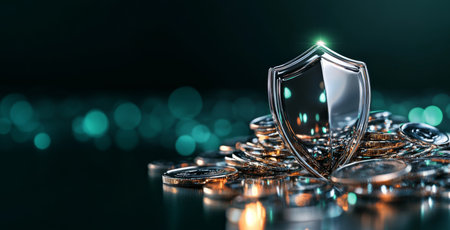 Secure banking shield resting on a pile of coins representing privacy and protection. Generative AIの素材