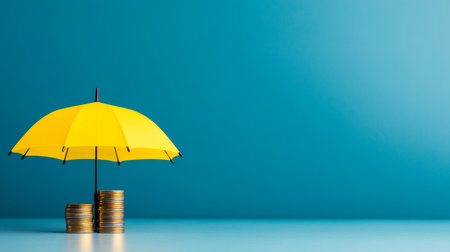 Protecting savings with a yellow umbrella over stacked coins. Generative AIの素材