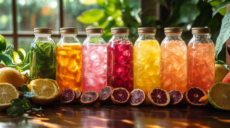 Brightly colored refreshing drinks in glass jars displayed with citrus fruits and greenery on a wooden table in daylight. Generative AIの素材