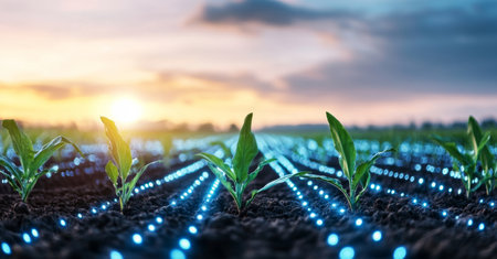 Modern agricultural practices showcase crop selection and field irrigation at sunset. Generative AIの素材