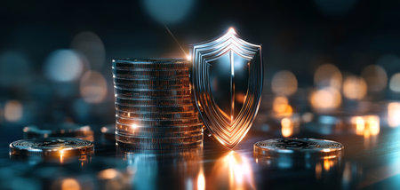 Safe and secure banking with shield and coins representing privacy. Generative AIの素材