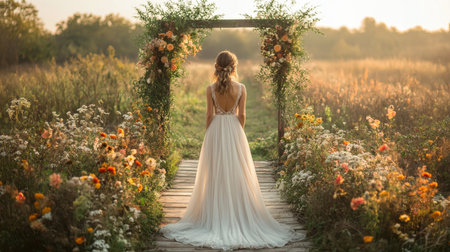 Elegant bride stands in a beautiful floral archway during sunset in a serene countryside setting Generative AIの素材