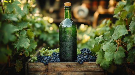 Green glass bottle among fresh grapes in vineyard setting during golden hour harvest time. Generative AIの素材