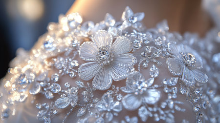Intricate floral embroidery adorned with sparkling crystals on a delicate fabric showcasing fine craftsmanship in fashion design Generative AIの素材