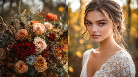 Bridal portrait showcasing autumn flowers in a serene outdoor setting during golden hour Generative AIの素材