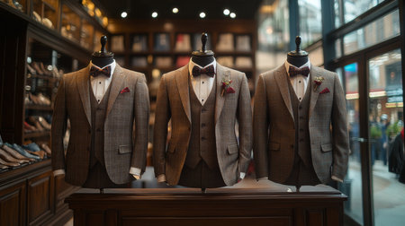 Elegant suits displayed in a formal clothing store with unique designs and rich details Generative AIの素材