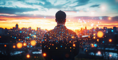 Modern selection in agriculture against a vibrant sunset skyline. Generative AIの素材