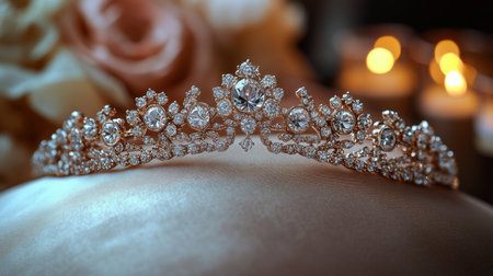 Elegant tiara sits gracefully on plush fabric amidst soft candlelight and delicate floral backdrop Generative AIの素材