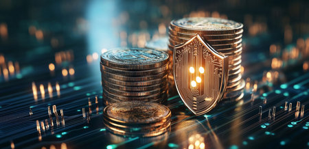 Secure banking with digital currency using shield and lock symbols for privacy. Generative AIの素材