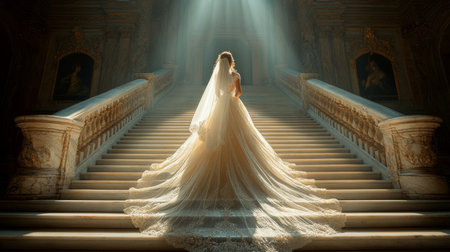 Elegant bride descending grand staircase in softly lit castle hall Generative AIの素材